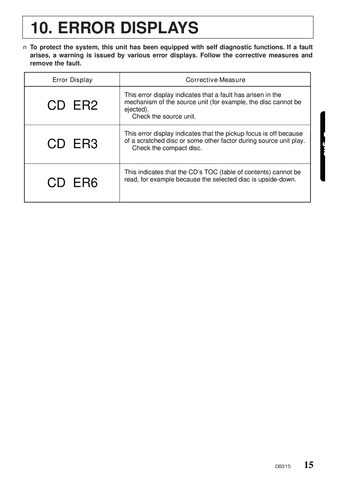 Clarion DB315 owner manual Error Displays, CD ER2, CD ER3, CD ER6 