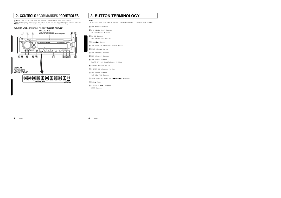 Clarion DB315 owner manual Button Terminology, Controls / Commandes / Controles 