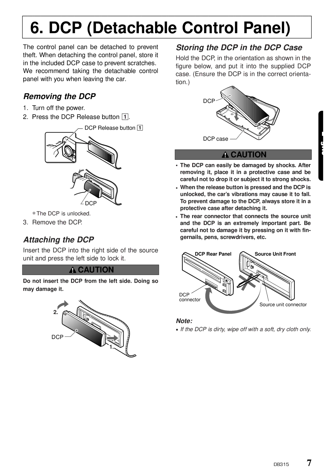 Clarion DB315 owner manual Removing the DCP, Attaching the DCP, Storing the DCP in the DCP Case 