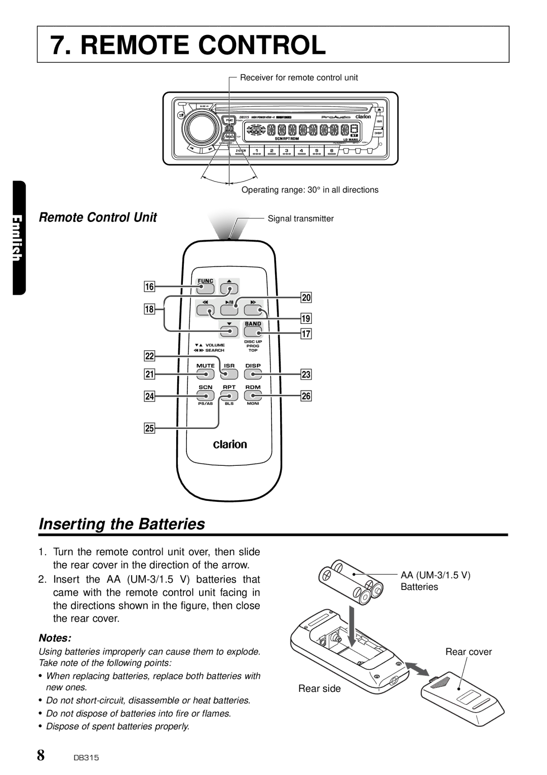 Clarion DB315 owner manual Inserting the Batteries, Remote Control Unit 