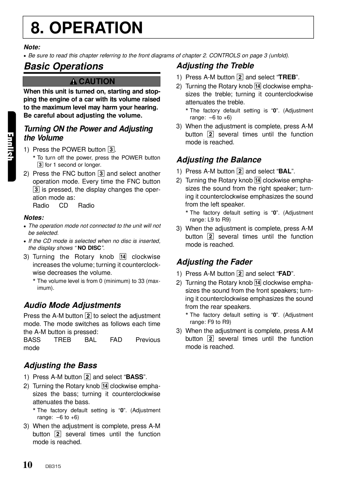 Clarion DB315 owner manual Basic Operations 