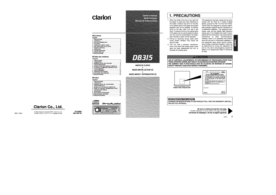 Clarion DB315 owner manual Precautions, English, Manual de instrucciones, Information For Users, Contents, Índice, Español 