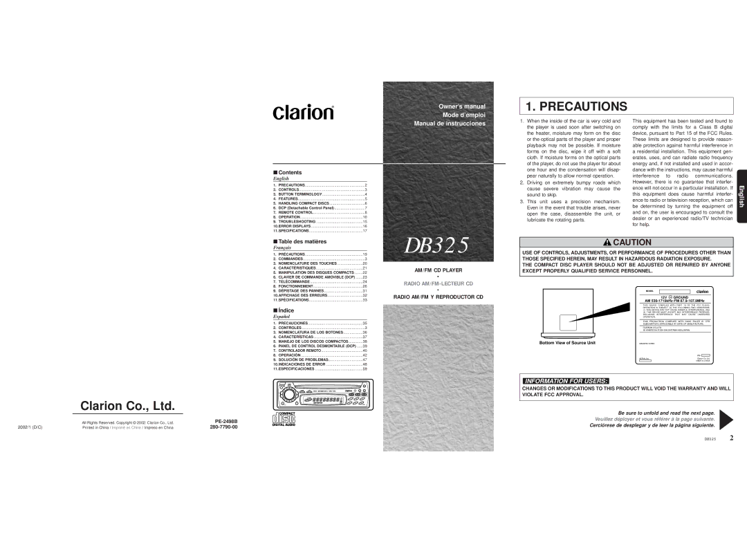 Clarion DB325 owner manual Precautions, Contents 