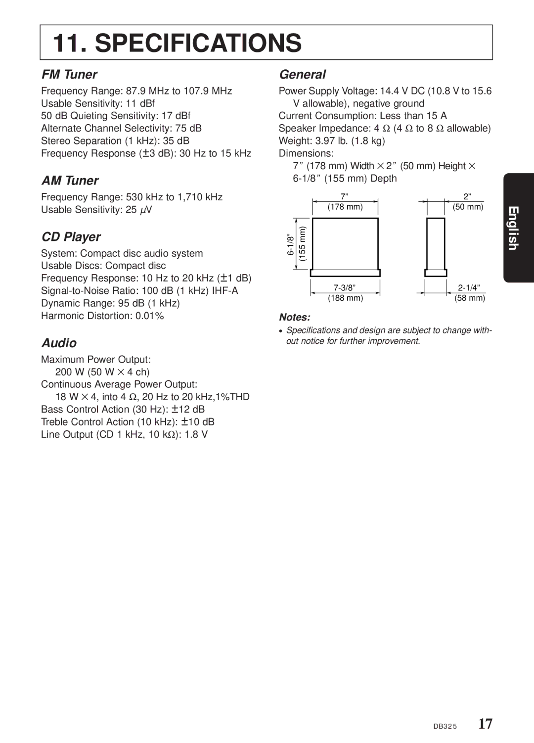 Clarion DB325 owner manual Specifications 