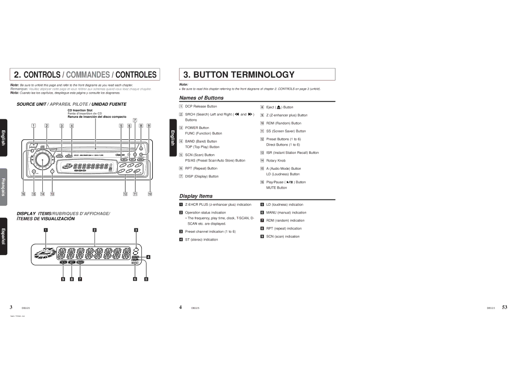 Clarion DB325 owner manual Button Terminology, Controls / Commandes / Controles 