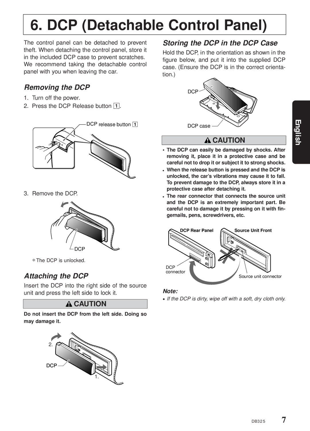 Clarion DB325 owner manual Removing the DCP, Attaching the DCP, Storing the DCP in the DCP Case 