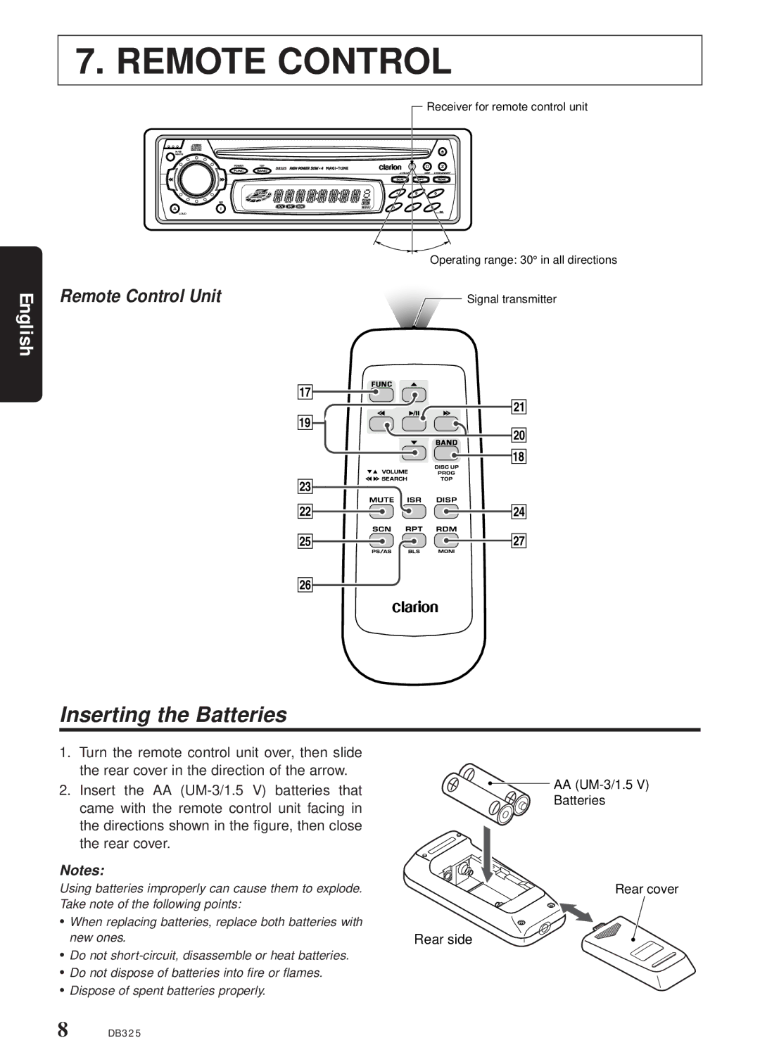 Clarion DB325 owner manual Inserting the Batteries, Remote Control Unit 