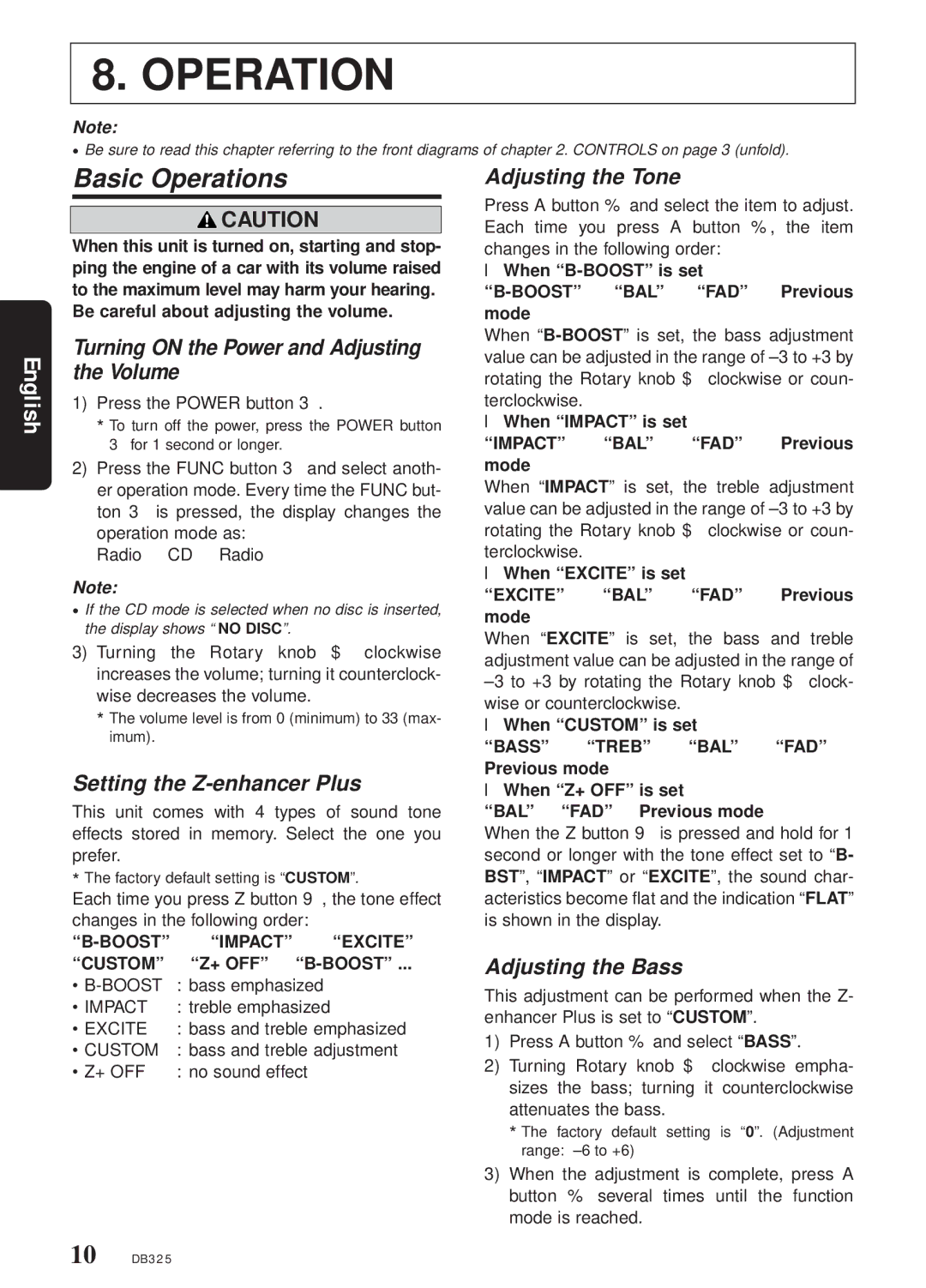 Clarion DB325 owner manual Basic Operations 