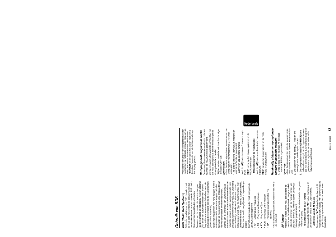 Clarion DB328RB, BD329RG Gebruik van RDS, RDS Radio Data Systeem, AF functie, REG Regionaal Programma functie 