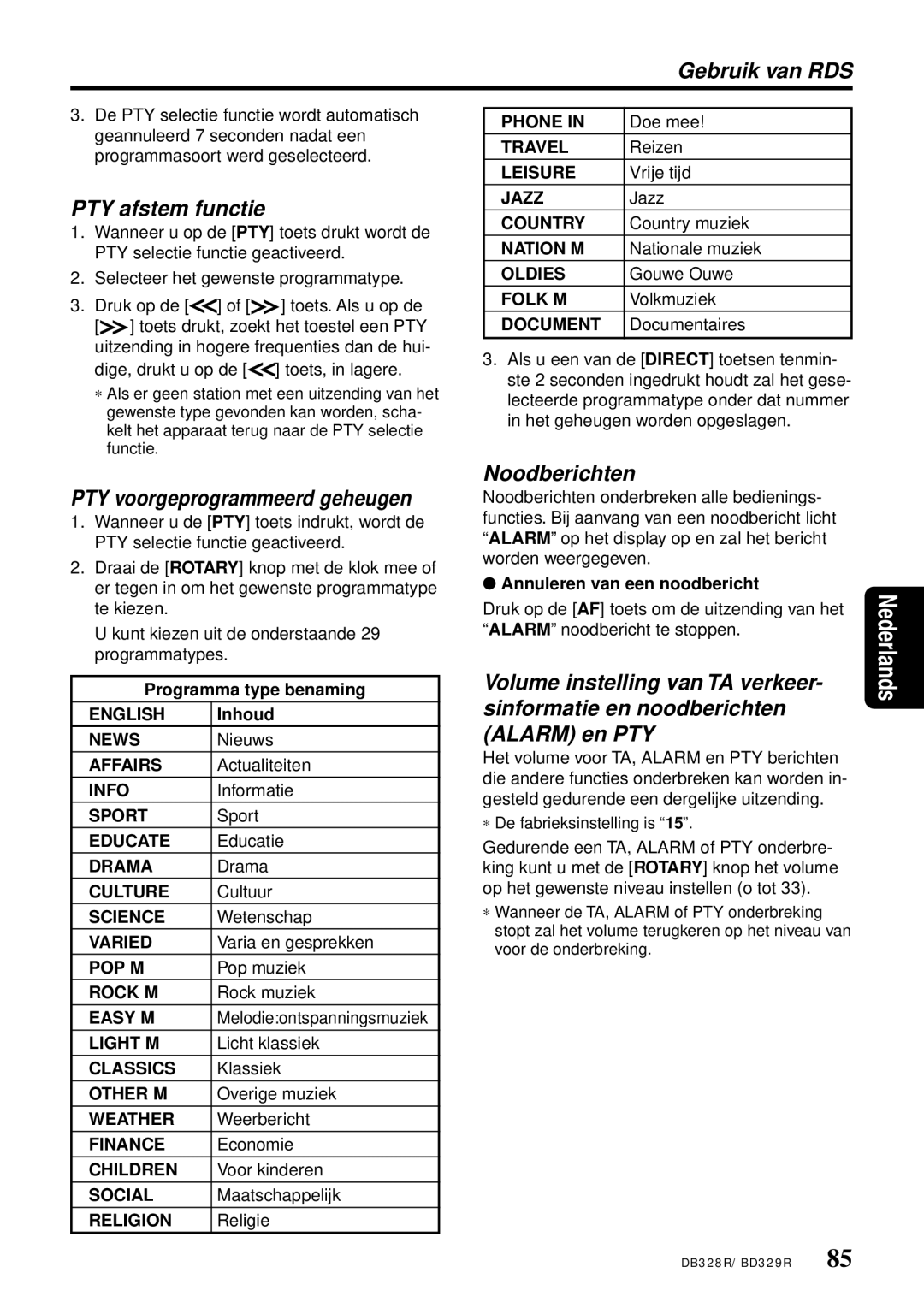 Clarion DB328RB, BD329RG owner manual PTY afstem functie, PTY voorgeprogrammeerd geheugen, Noodberichten 