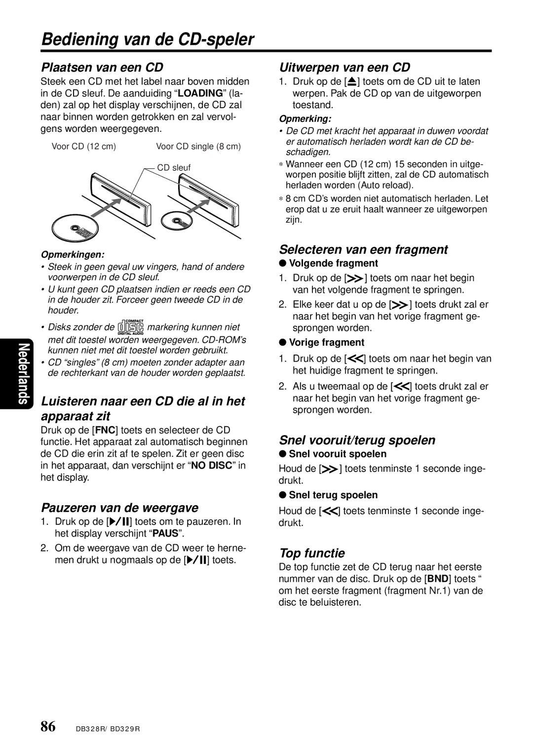 Clarion BD329RG, DB328RB owner manual Bediening van de CD-speler 