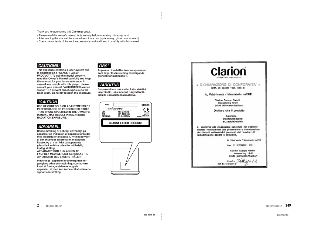 Clarion BD329RG, DB328RB owner manual Obs 