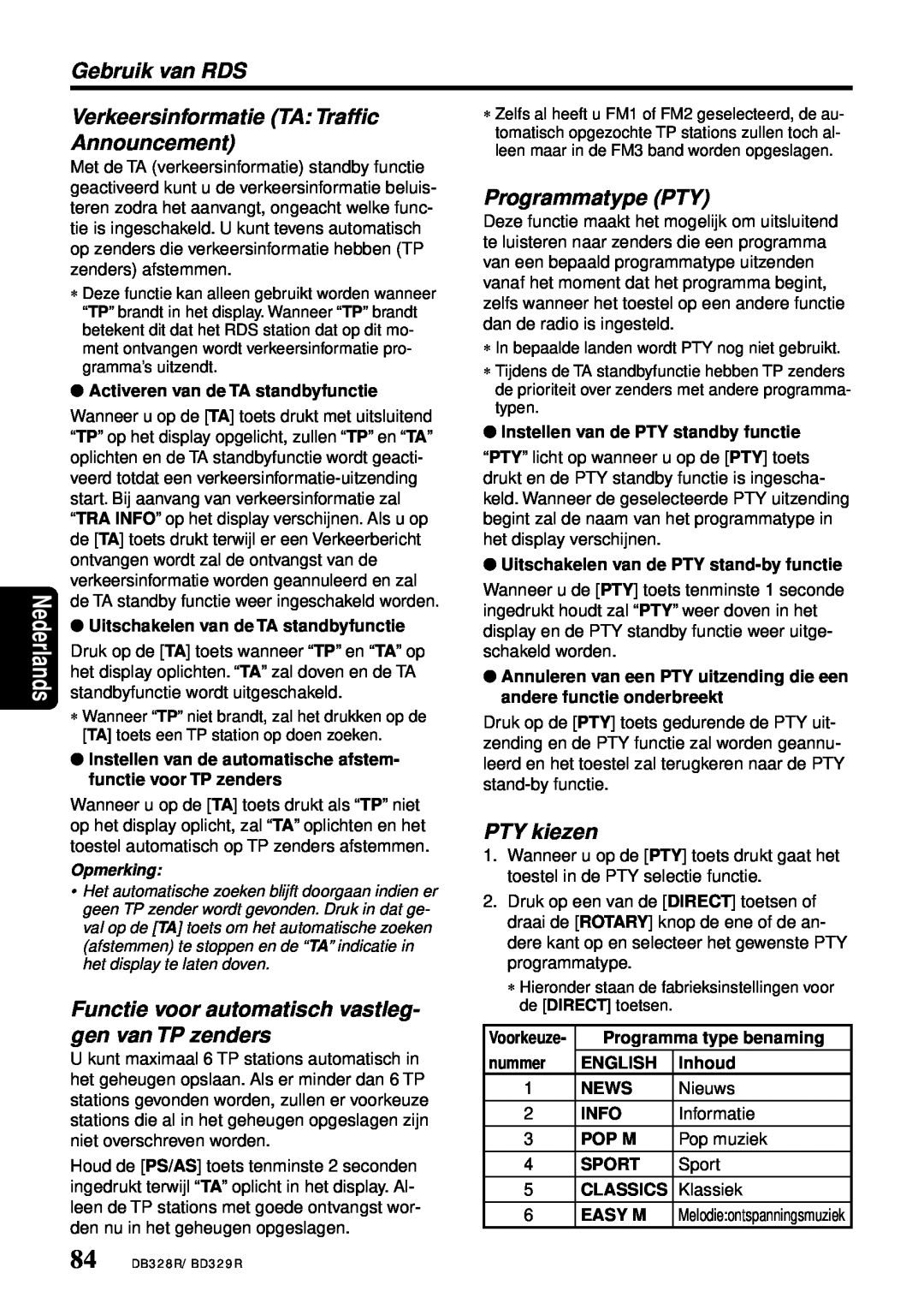 Clarion DB328RB Gebruik van RDS, Verkeersinformatie TA Traffic Announcement, Programmatype PTY, PTY kiezen, Nederlands 