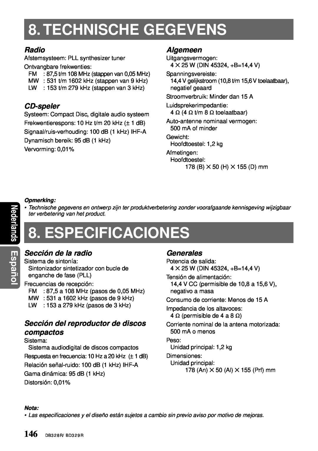 Clarion BD329RG Technische Gegevens, Especificaciones, Radio, CD-speler, Algemeen, Sección de la radio, Generales, Español 