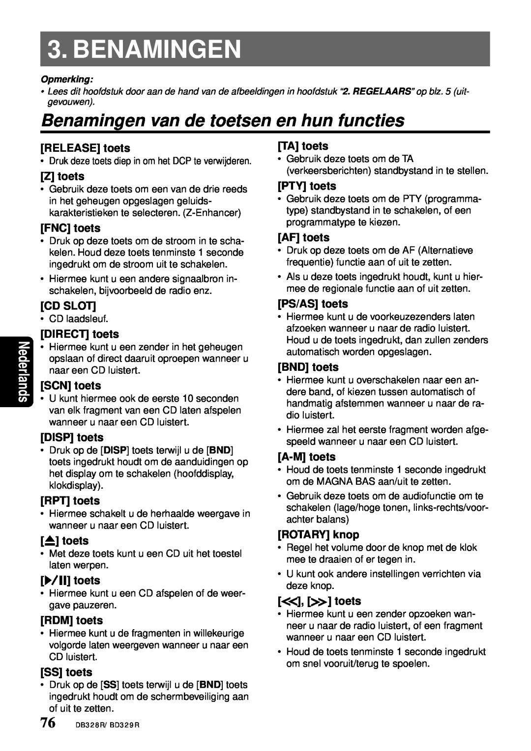 Clarion DB328RB, BD329RG owner manual Benamingen van de toetsen en hun functies, Nederlands 