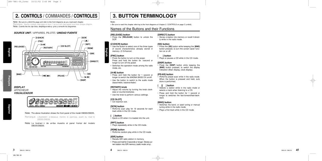 Clarion DB335 manual Release button Direct button, Ehcr button, FNC button, Button, Rotary knob, SCN button, RPT button 