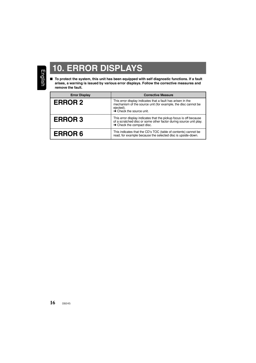 Clarion DB346MP owner manual Error Displays 