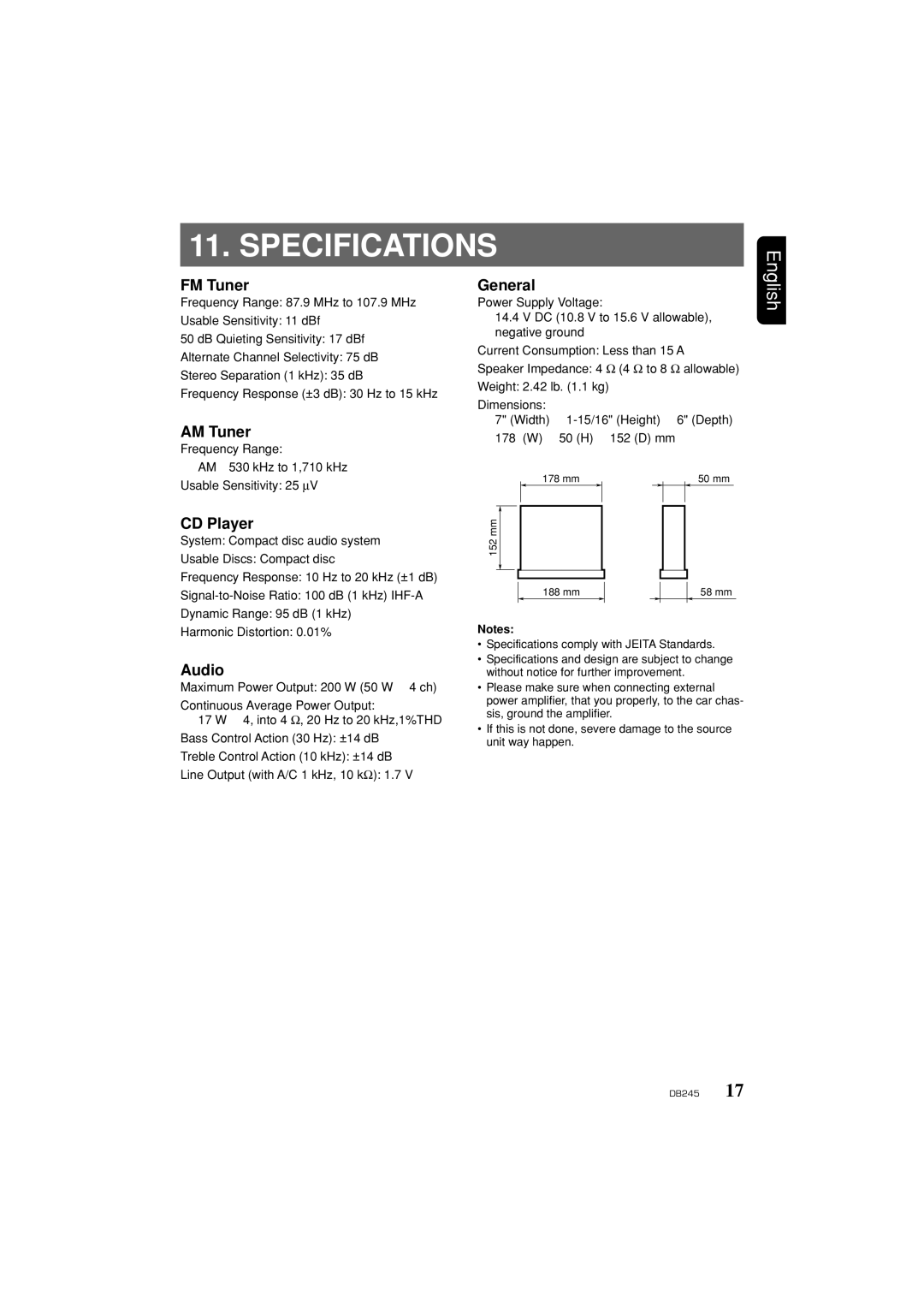 Clarion DB346MP owner manual Specifications 