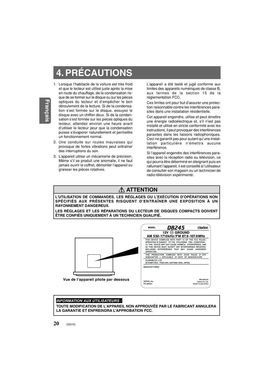 Clarion DB346MP owner manual Précautions, Vue de l’appareil pilote par dessous 