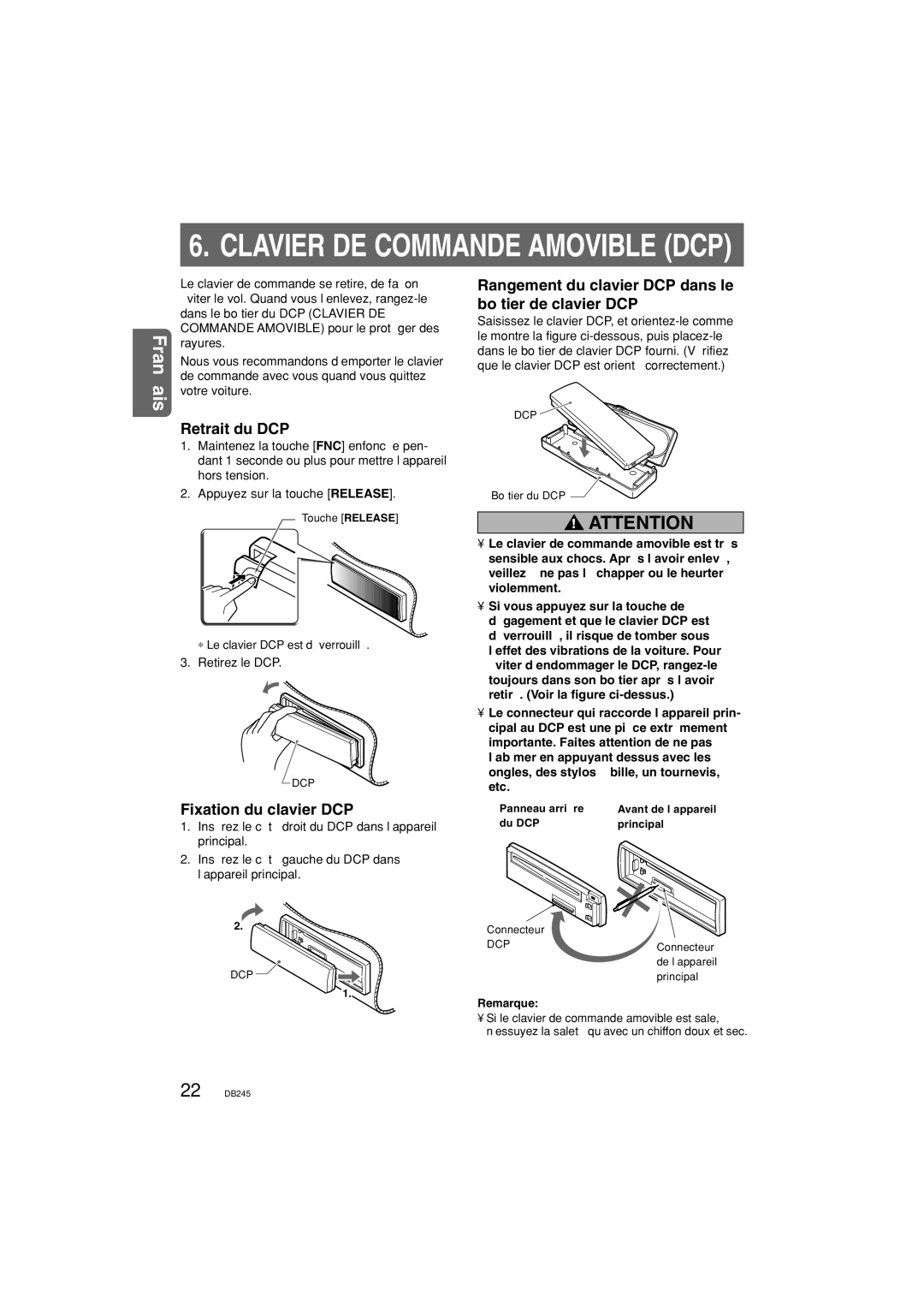 Clarion DB346MP Retrait du DCP, Fixation du clavier DCP, Rangement du clavier DCP dans le boîtier de clavier DCP 