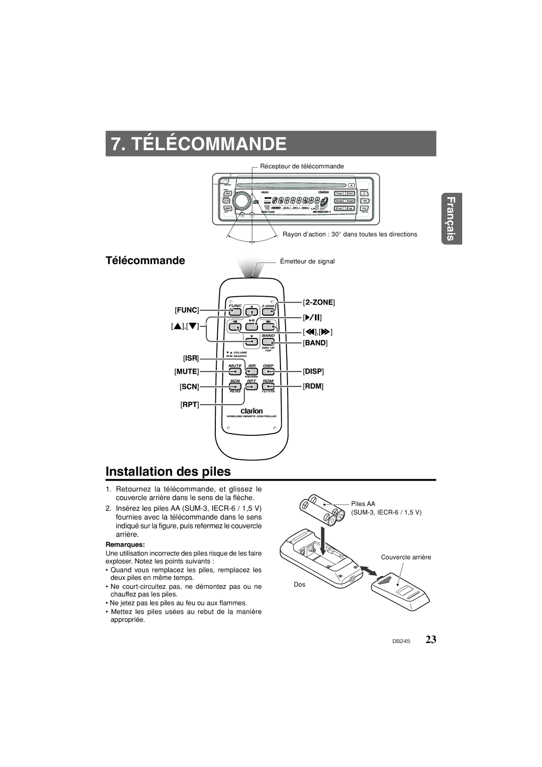 Clarion DB346MP owner manual Télécommande, Installation des piles 