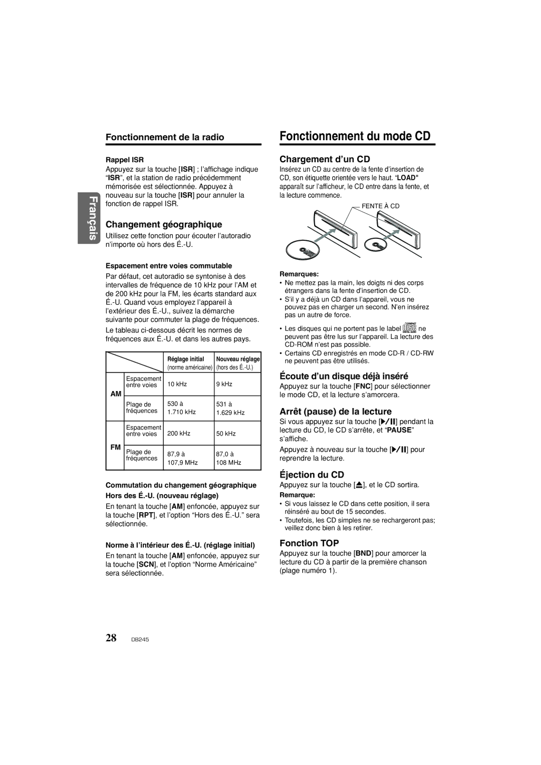 Clarion DB346MP Fonctionnement de la radio, Changement géographique, Chargement d’un CD, Écoute d’un disque déjà inséré 