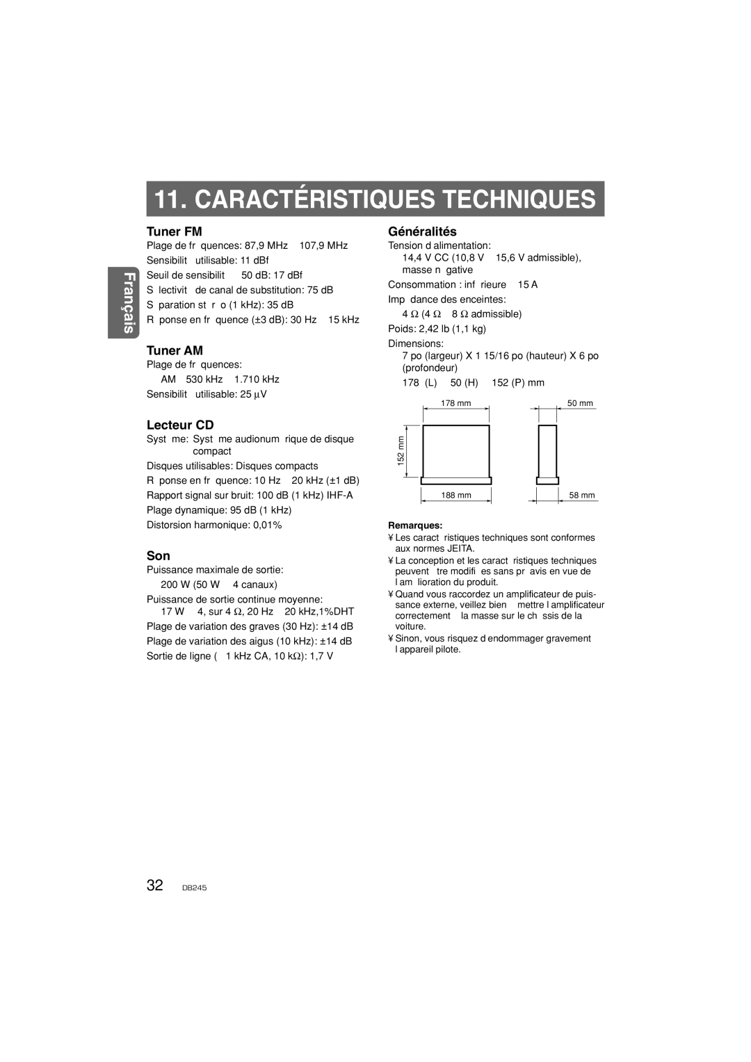 Clarion DB346MP owner manual Tuner FM, Tuner AM, Lecteur CD, Son, Généralités 