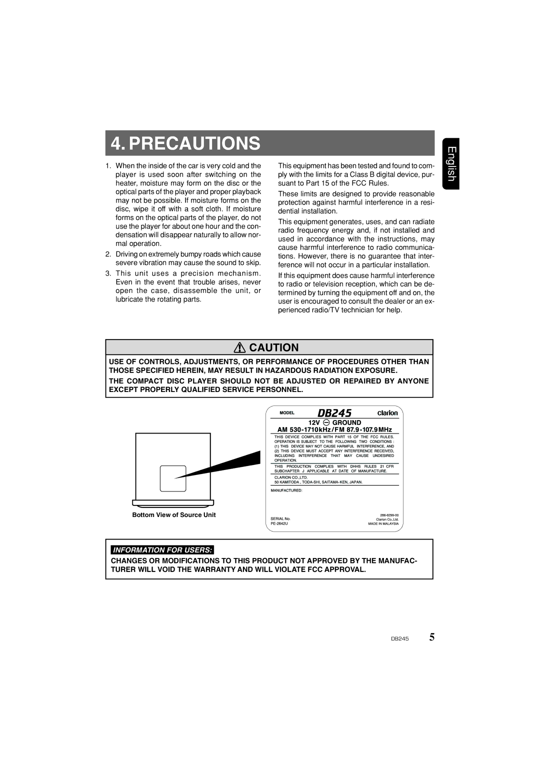 Clarion DB346MP owner manual Precautions, English 