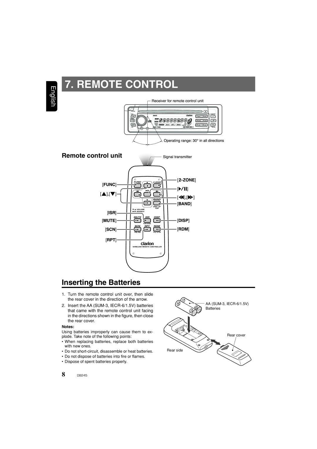 Clarion DB346MP owner manual Remote Control, Inserting the Batteries 