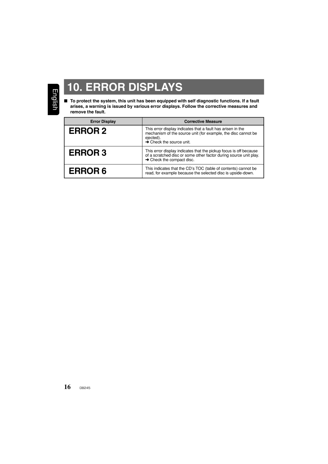 Clarion DB346MP owner manual Error Displays, English, Corrective Measure 