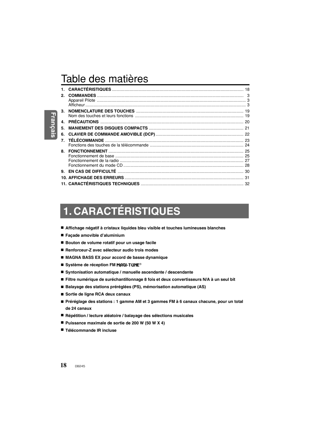 Clarion DB346MP Caractéristiques, Français, Table des matières, Nomenclature Des Touches, Précautions, Télécommande 