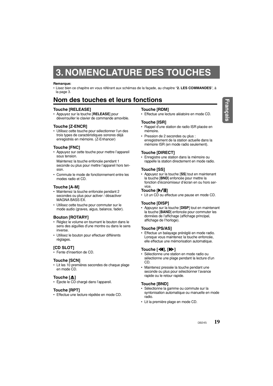 Clarion DB346MP owner manual Nomenclature Des Touches, Nom des touches et leurs fonctions, Français 