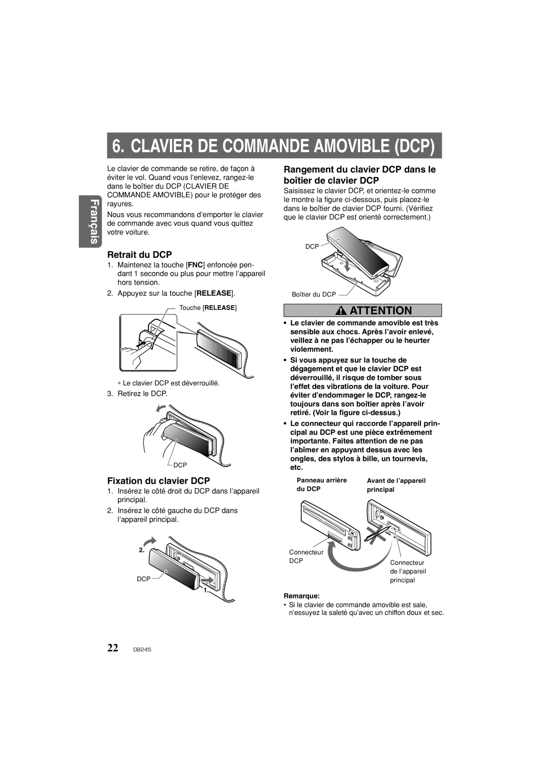 Clarion DB346MP owner manual Retrait du DCP, Fixation du clavier DCP, Clavier De Commande Amovible Dcp, Français 