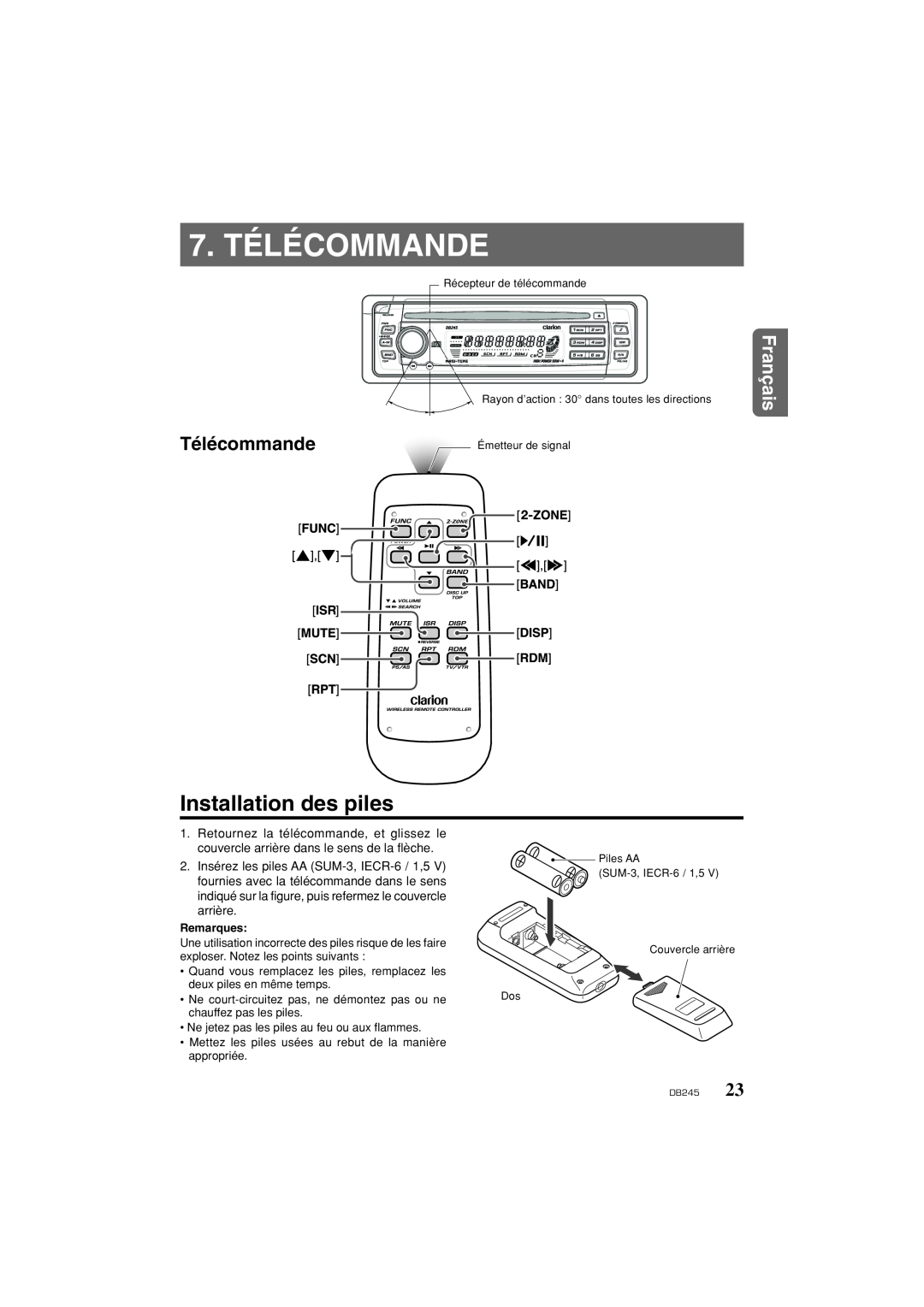 Clarion DB346MP owner manual 7. TÉLÉCOMMANDE, Installation des piles, Télécommande, Français, Remarques 