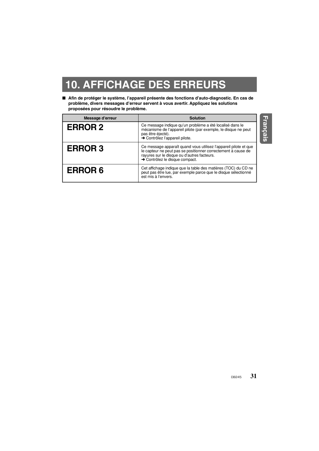 Clarion DB346MP owner manual Affichage Des Erreurs, Error, Message d’erreur, Solution 
