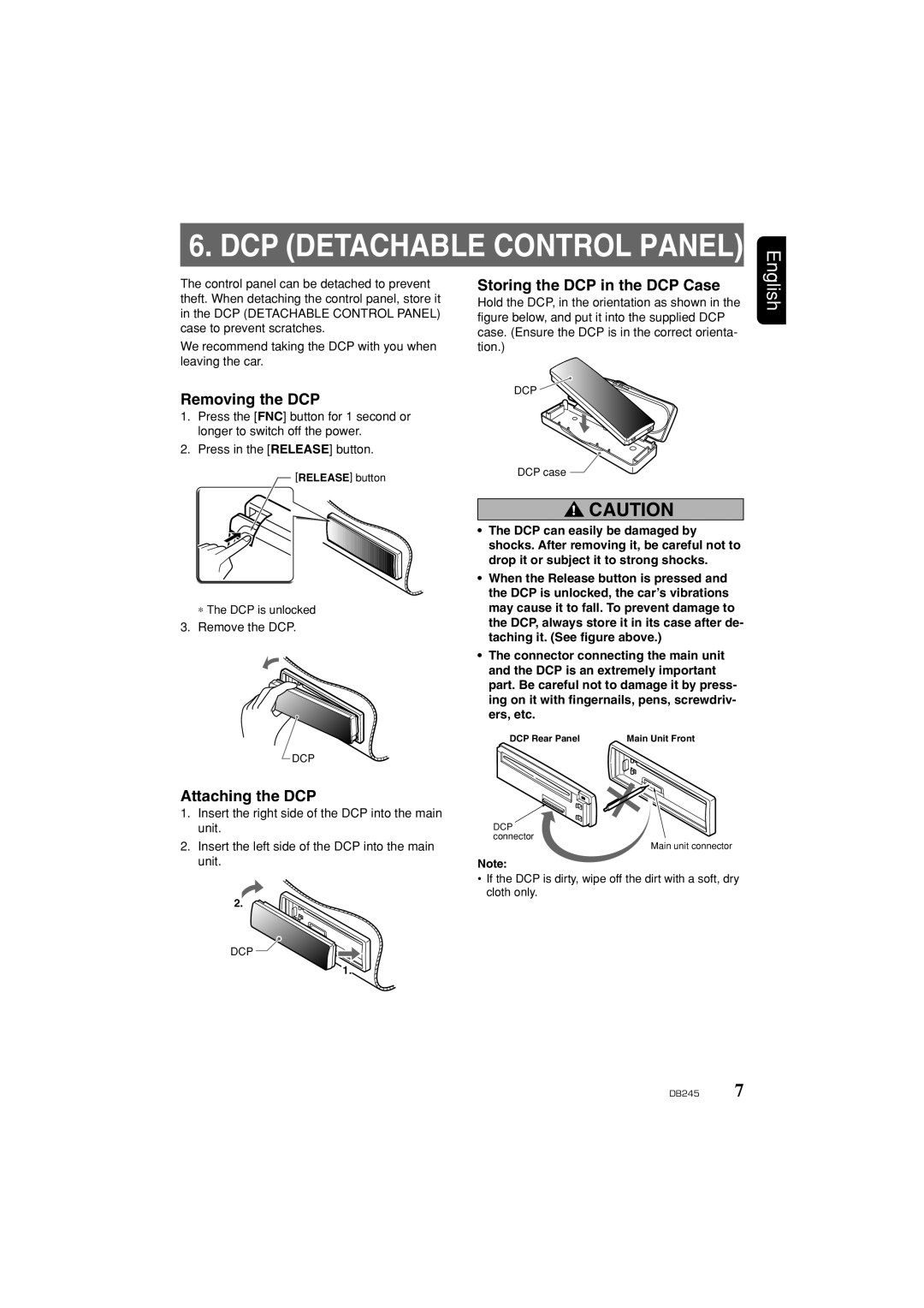 Clarion DB346MP Dcp Detachable Control Panel, Removing the DCP, Attaching the DCP, Storing the DCP in the DCP Case 