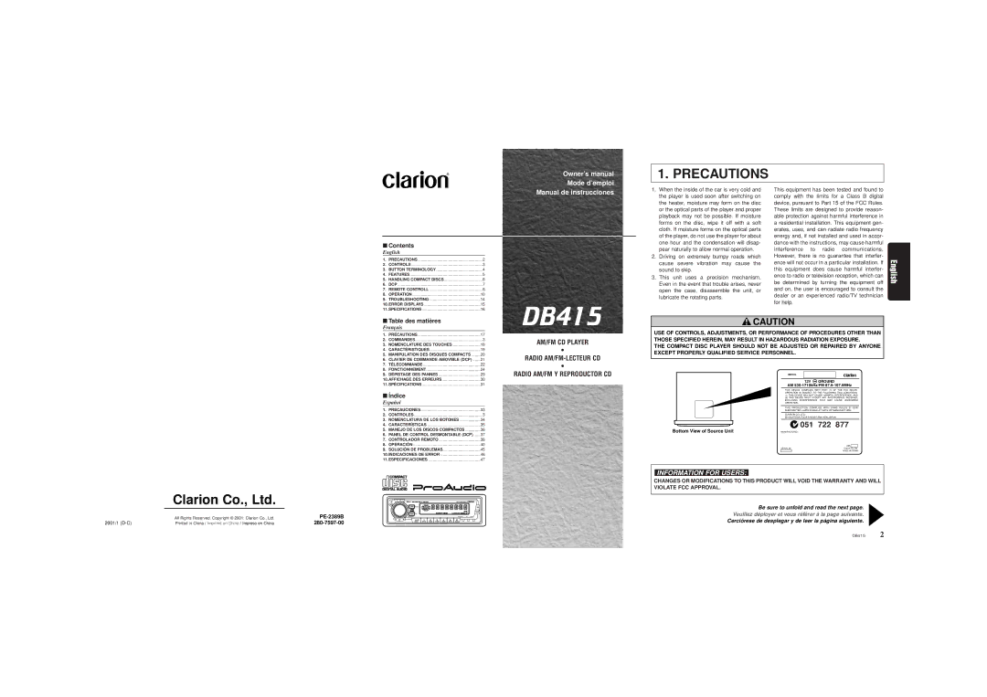 Clarion DB415 owner manual 