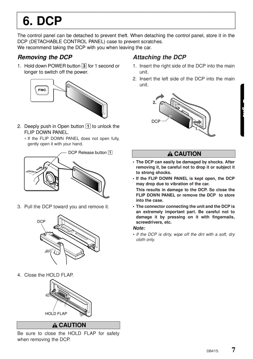 Clarion DB415 owner manual Removing the DCP, Attaching the DCP 