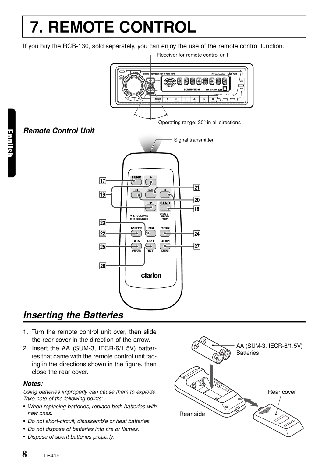 Clarion DB415 owner manual Inserting the Batteries, Remote Control Unit 