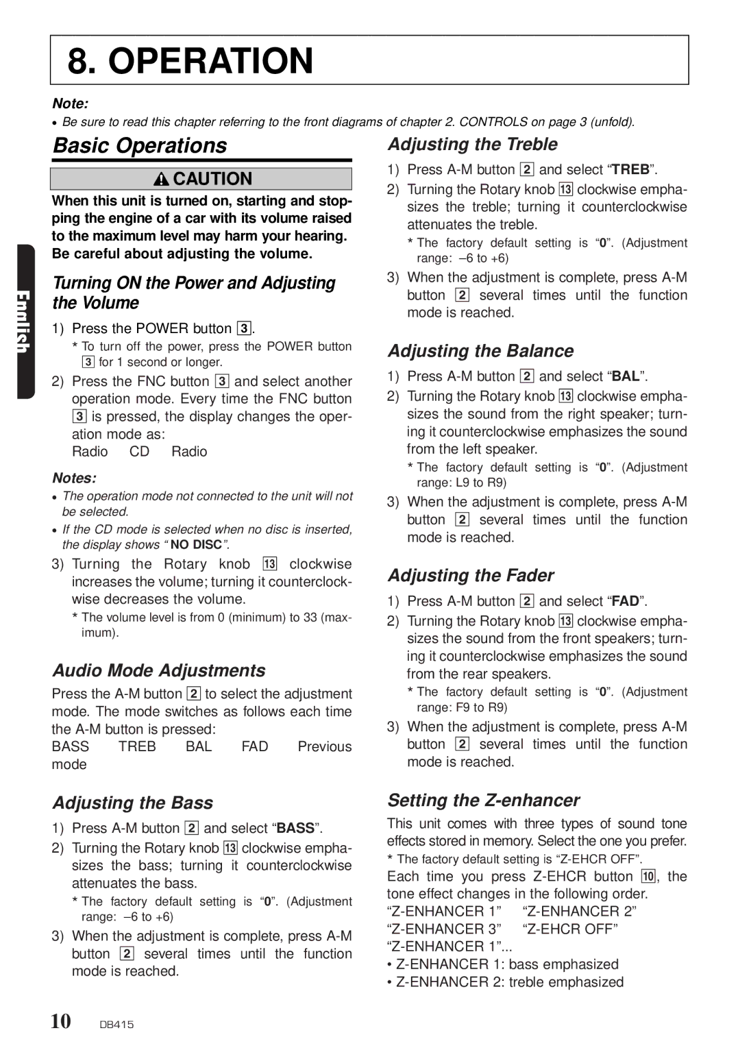 Clarion DB415 owner manual Basic Operations 