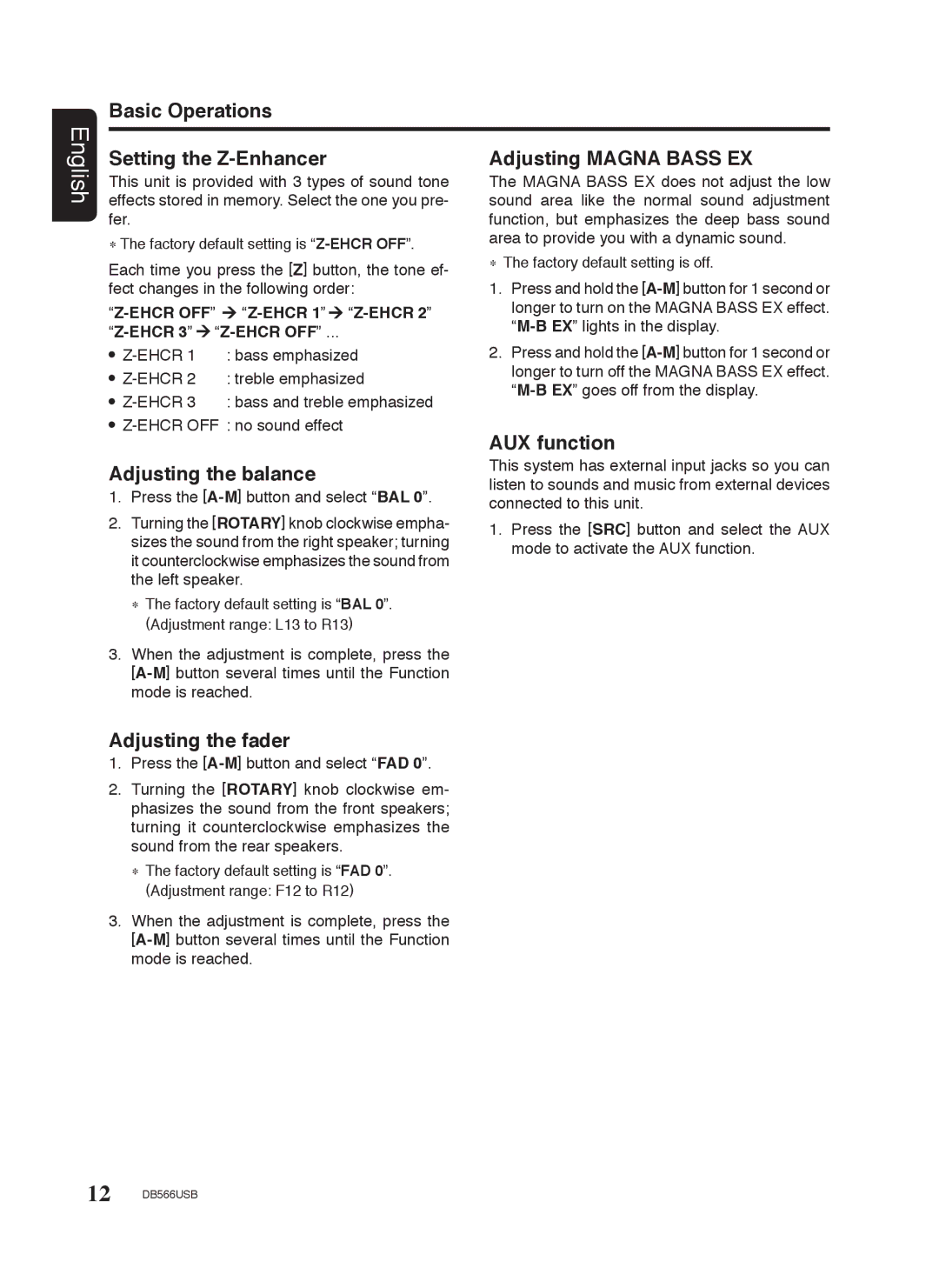 Clarion DB566USB manual Basic Operations, Setting the Z-Enhancer, Adjusting the balance, Adjusting the fader, AUX function 