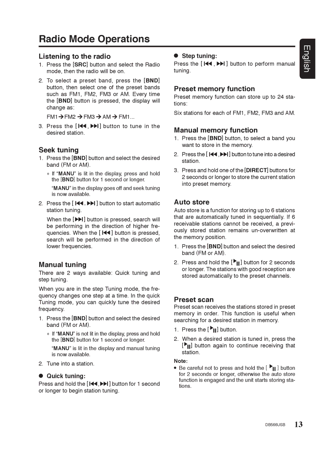 Clarion DB566USB manual Radio Mode Operations 