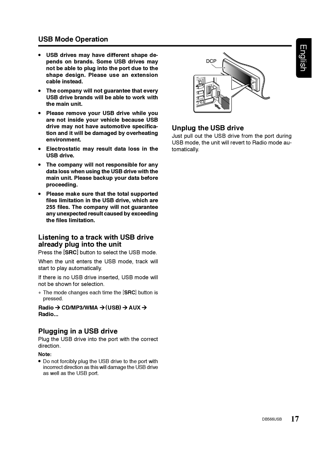 Clarion DB566USB manual USB Mode Operation, Plugging in a USB drive, Unplug the USB drive 