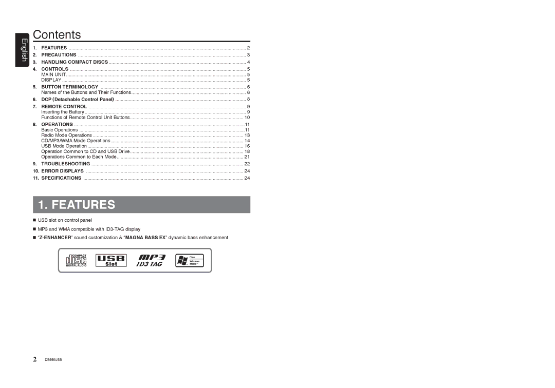 Clarion DB566USB manual Contents, Features 