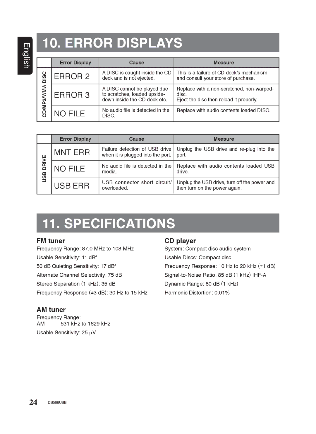 Clarion DB566USB manual Error Displays, Specifications, FM tuner CD player, AM tuner 