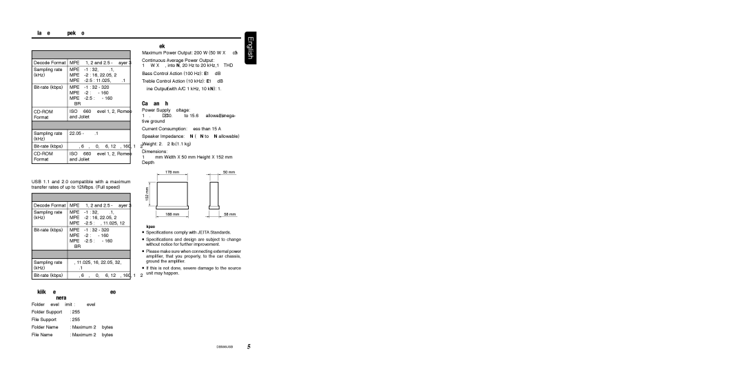 Clarion DB566USB manual Speciﬁcations Audio, General, Common in MP3/WMA Disc and USB drive, Wma 