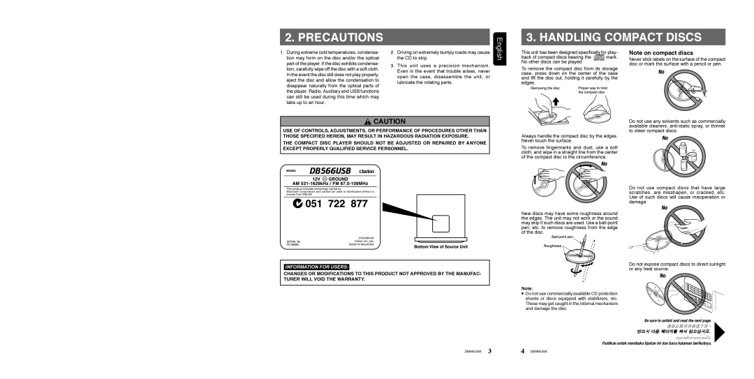 Clarion DB566USB manual Precautions Handling Compact Discs, Information for Users 