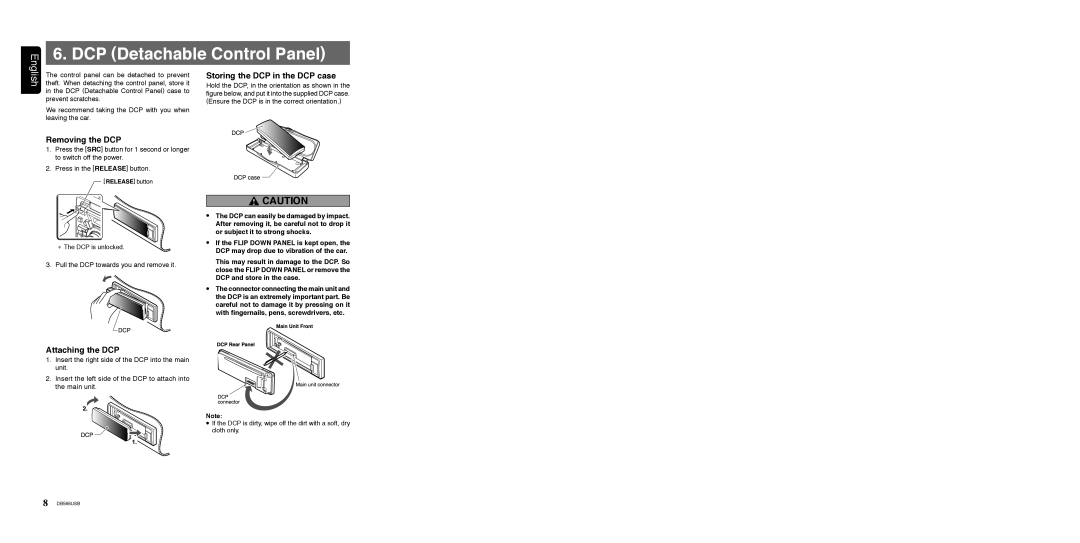 Clarion DB566USB manual Removing the DCP, Storing the DCP in the DCP case, Attaching the DCP 