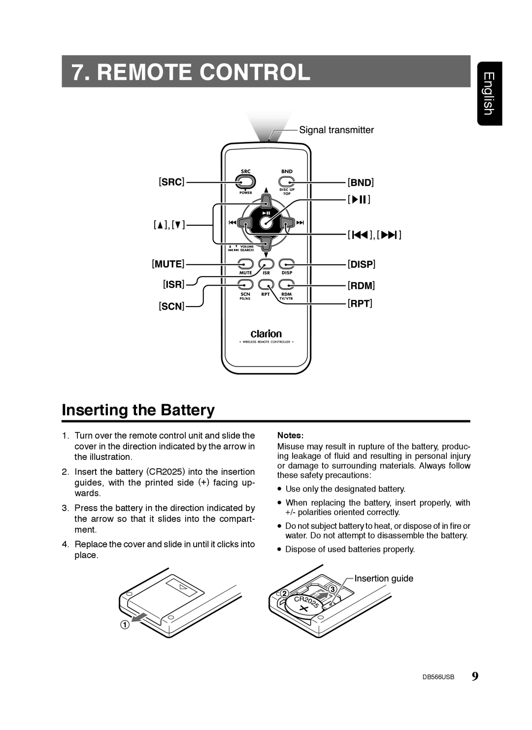 Clarion DB566USB manual Remote Control, Inserting the Battery 