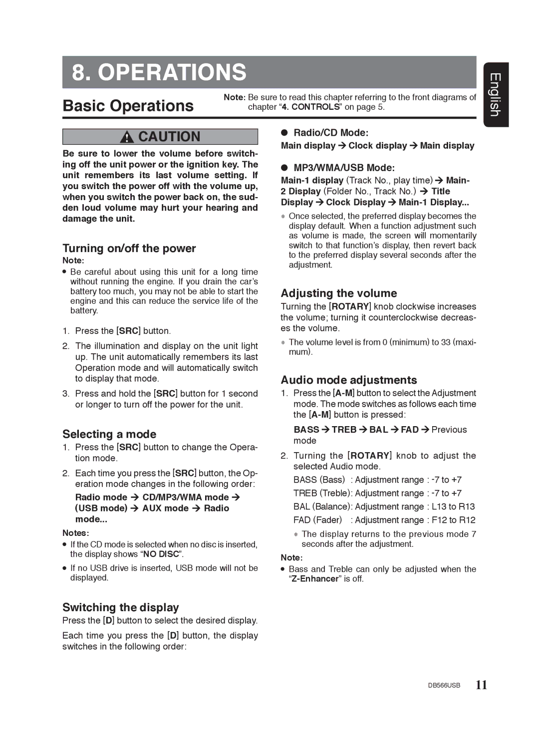 Clarion DB566USB manual Basic Operations 